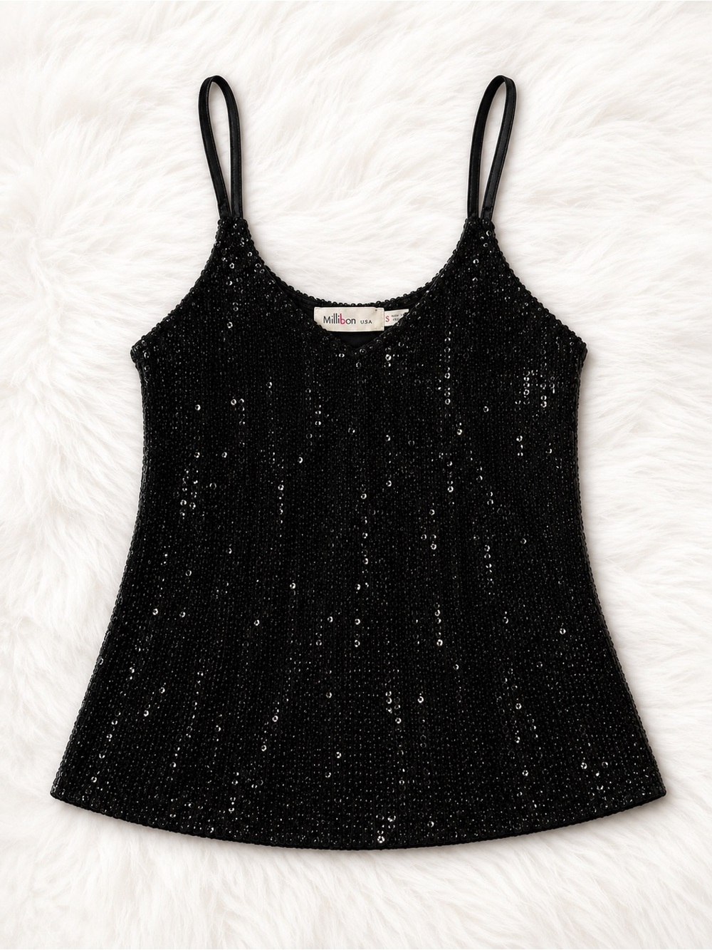 Millibon Black Sequin Cami Top Small Y2K Party Club Glam Sparkly Tank